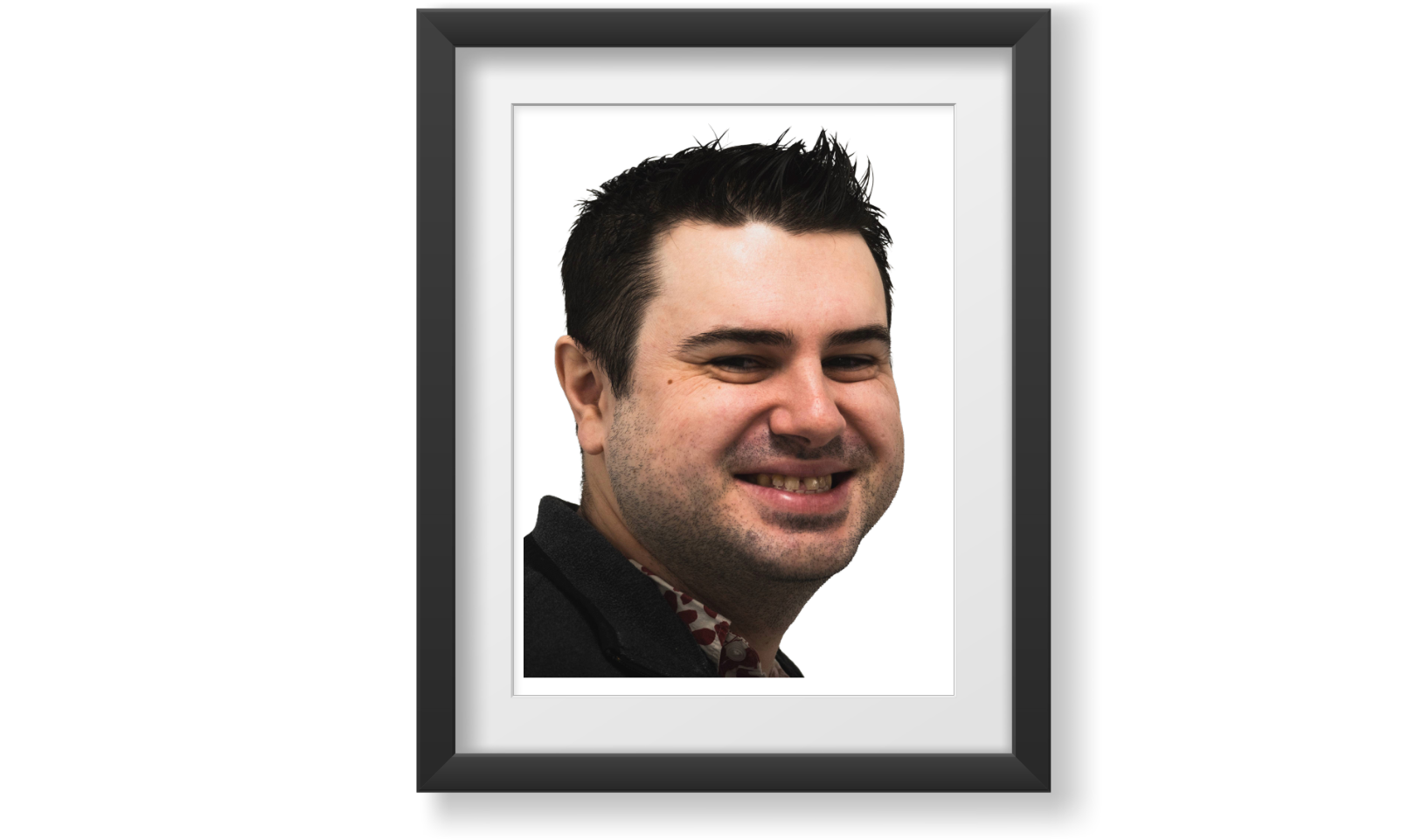 Fisher is a Caucasian male, with black hair, blue eyes, and is of medium height.