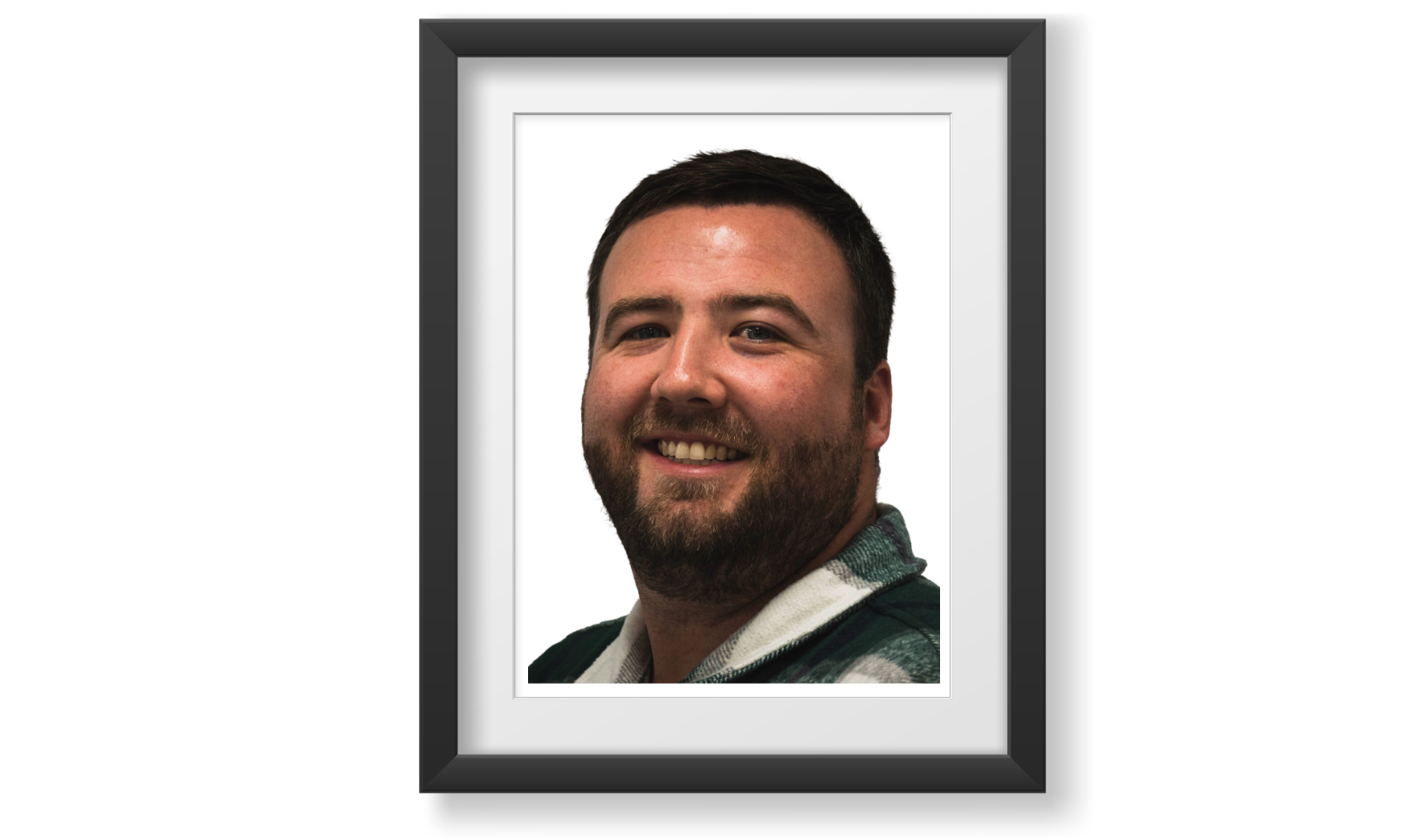 Caucasian, young adult male, short straight dark brown hair, and hazel eyes.