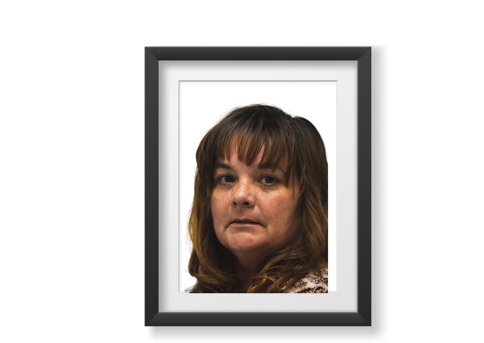 Caucasian, middle-aged female, long dark brown hair, and brown eyes.